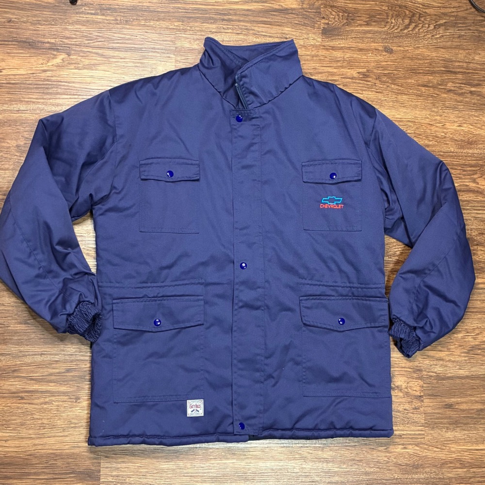Vintage Sky Higs Chevrolet Work Jacket Mens S Navy Blue Embroidered Bowtie
